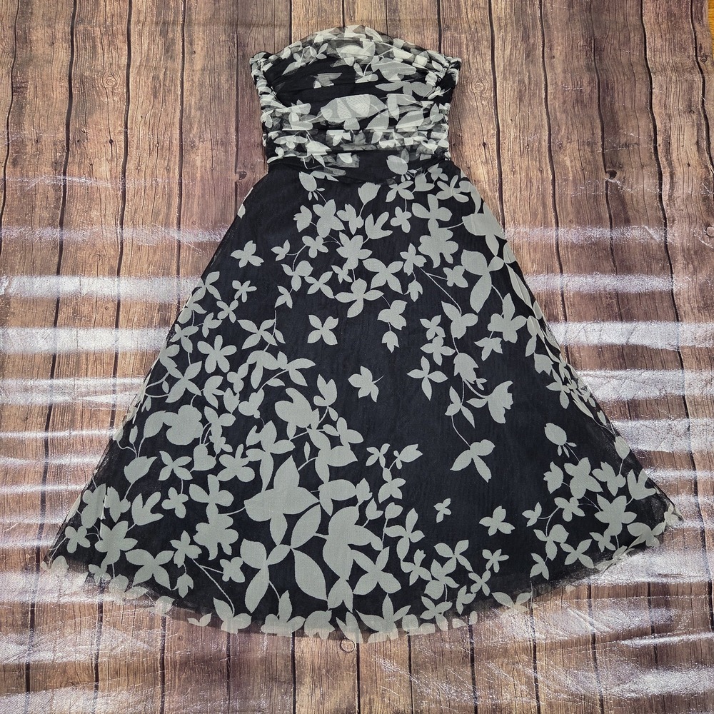 Vintage BCBGMAXAZRIA Floral Midi Dress Women 4 Black Mesh Overlay Y2K Whimsigoth